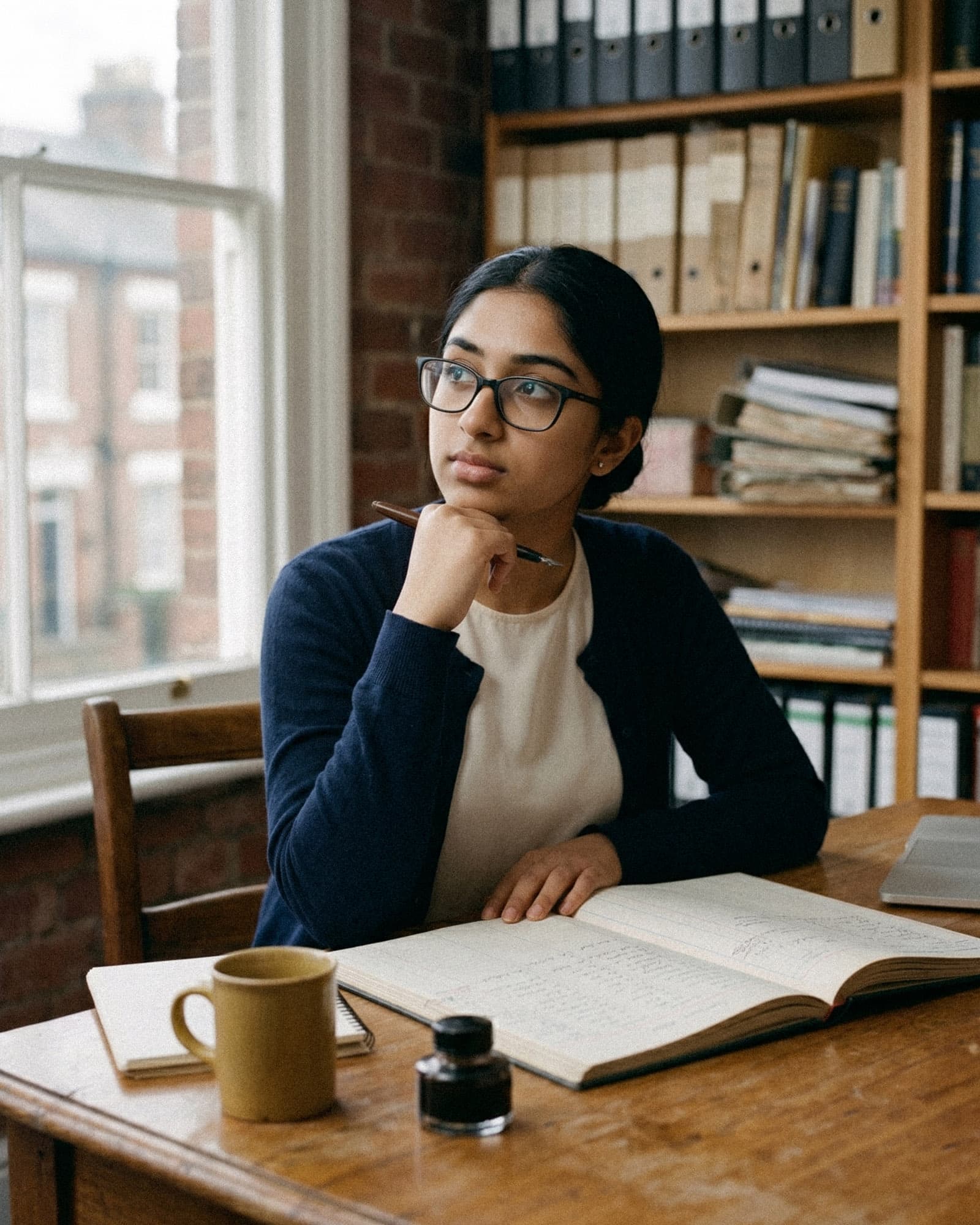An accountant reads a client ledger at a wooden desk, pen in hand, afternoon light through a sash window.